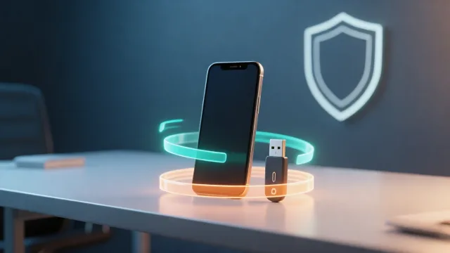 گوشی هوشمند در کنار کلید امنیتی USB با حلقه‌های نور و نشان سپر امنیتی در پس‌زمینه