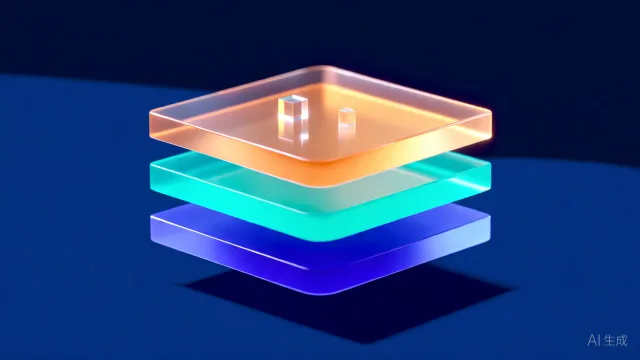سه لایه شیشه‌ای شفاف روی سطح آبی تیره؛ لایه پایه نیلی، میانی فیروزه‌ای و بالایی کهربایی با بلوک‌های هندسی