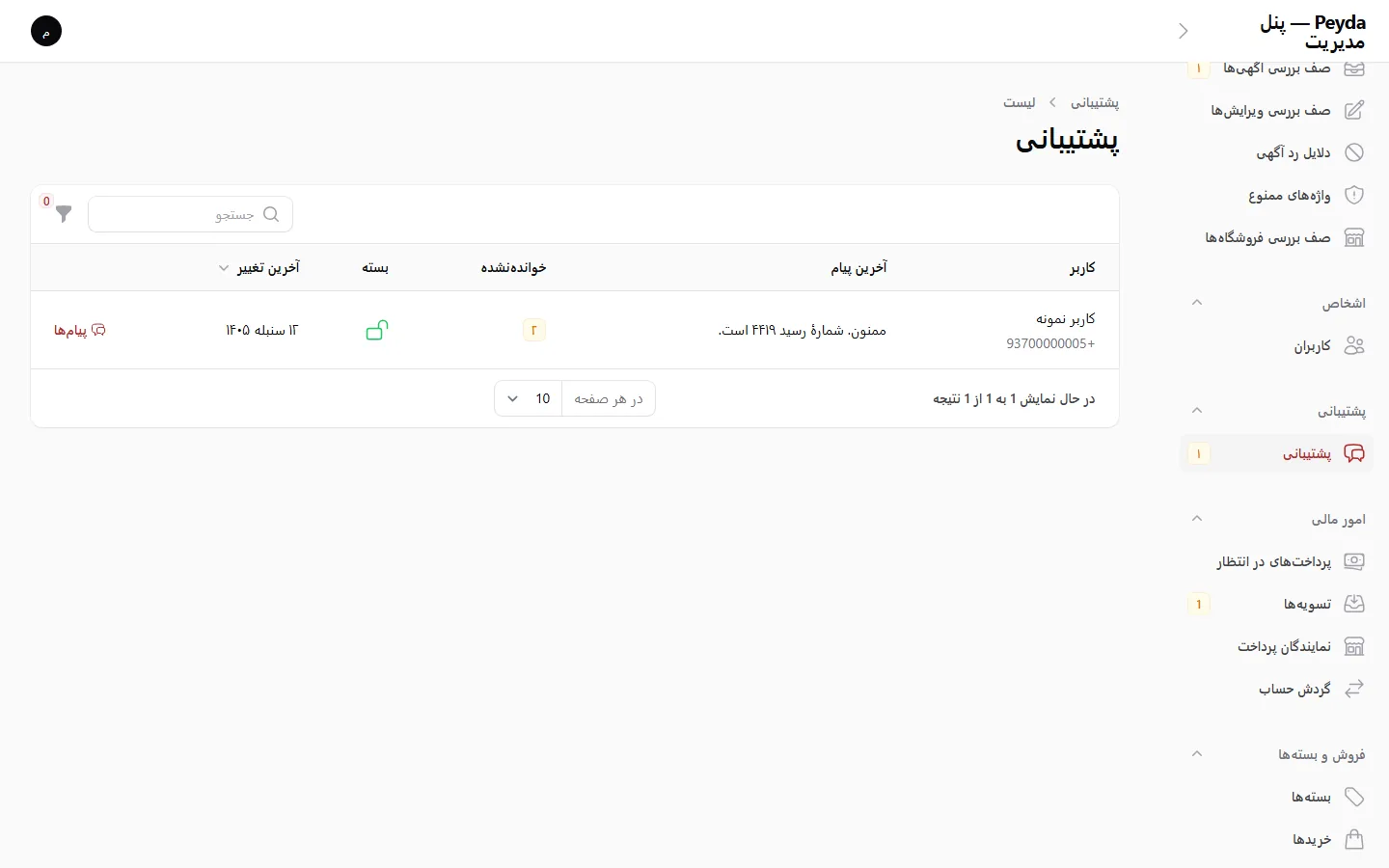 پنل مدیریت: میز پشتیبانی