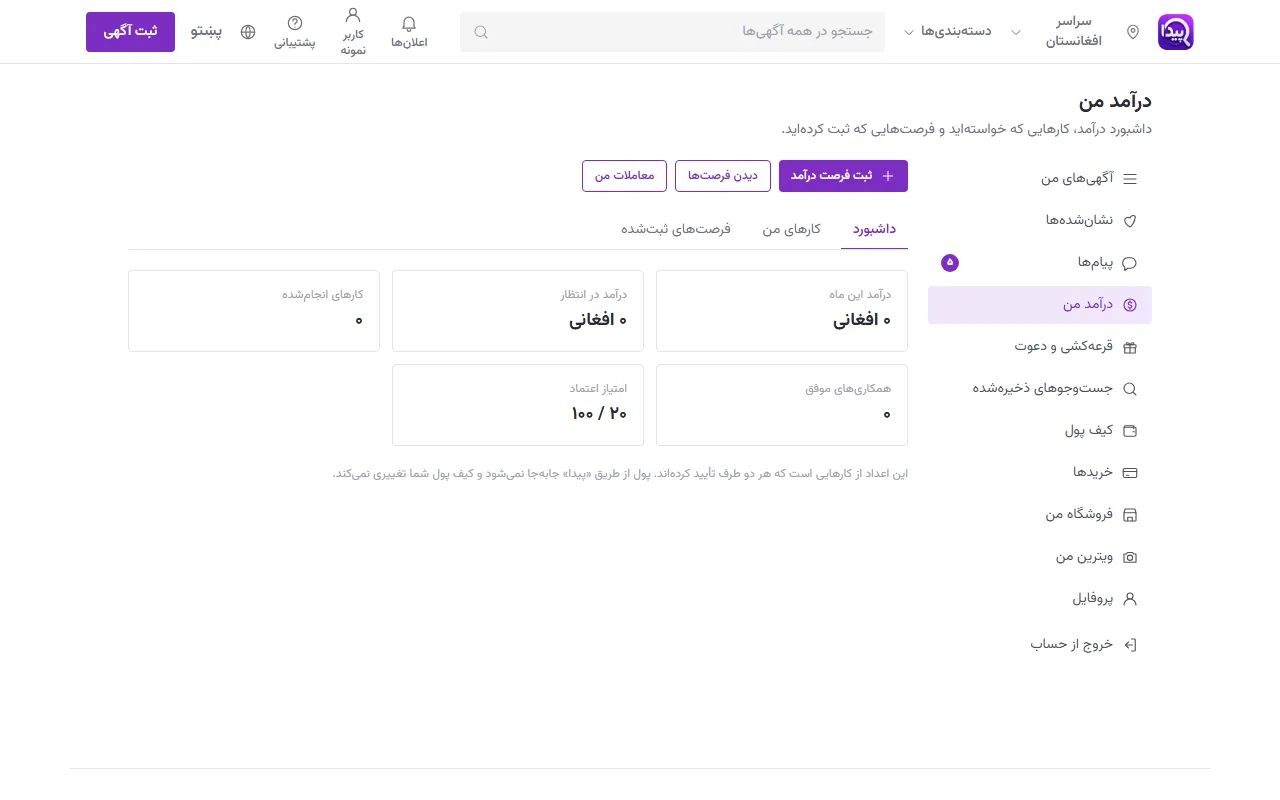 پنل کاربر: درآمد من (فرصت‌ها، درخواست‌ها و داشبورد درآمد)