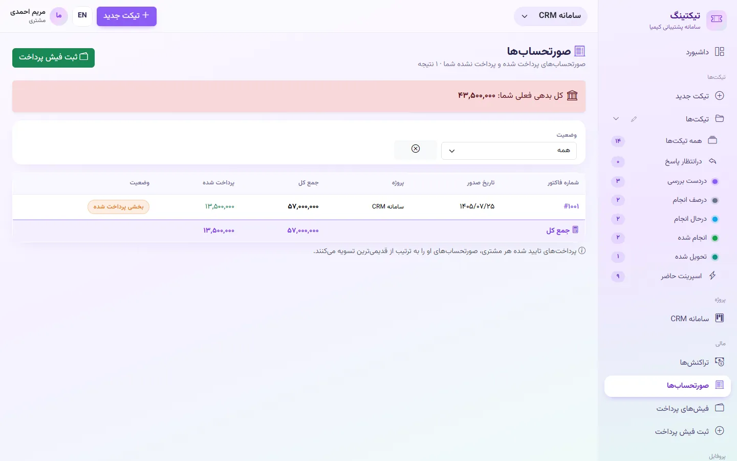 مشتری: صورتحساب‌ها و کل بدهی فعلی
