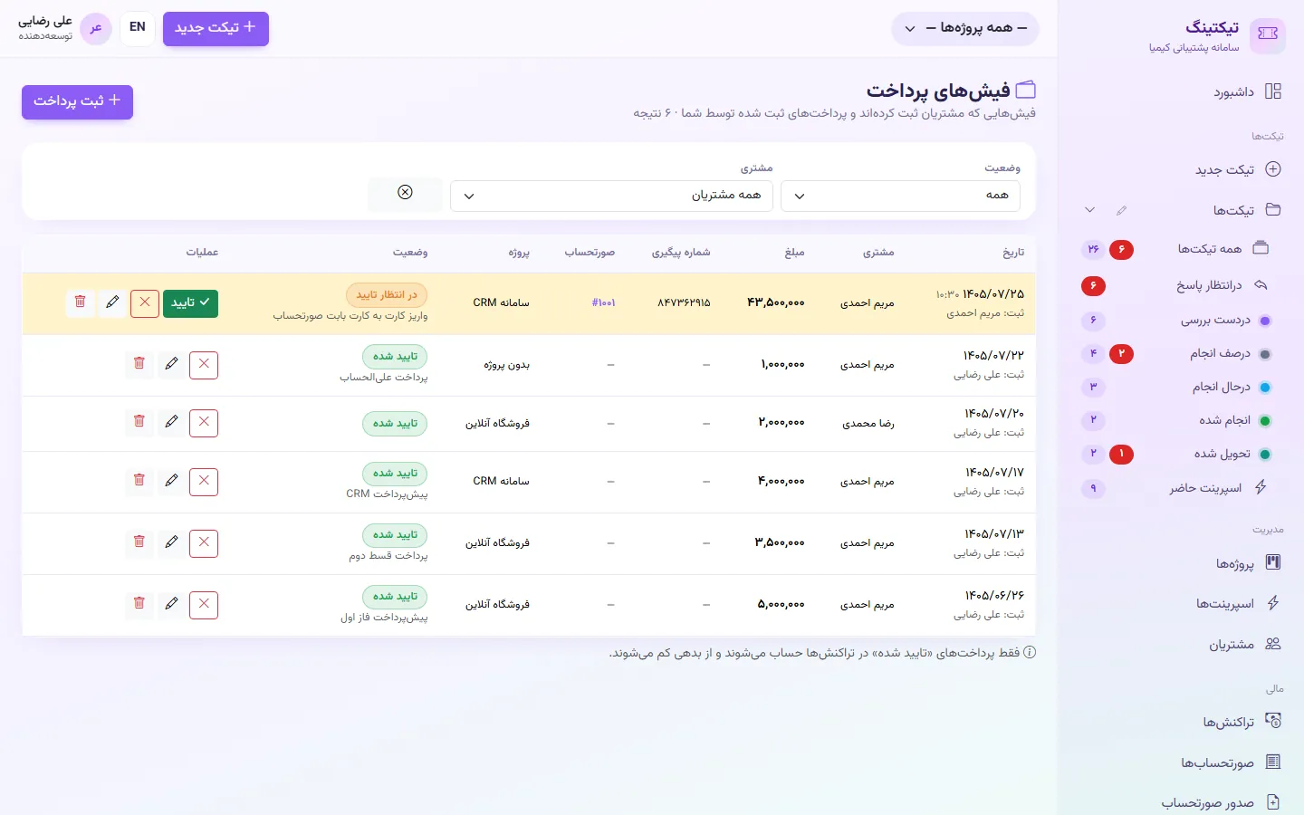 فیش‌های پرداخت: فیش جدید مشتری در انتظار تأیید؛ تأیید یا رد توسط توسعه‌دهنده