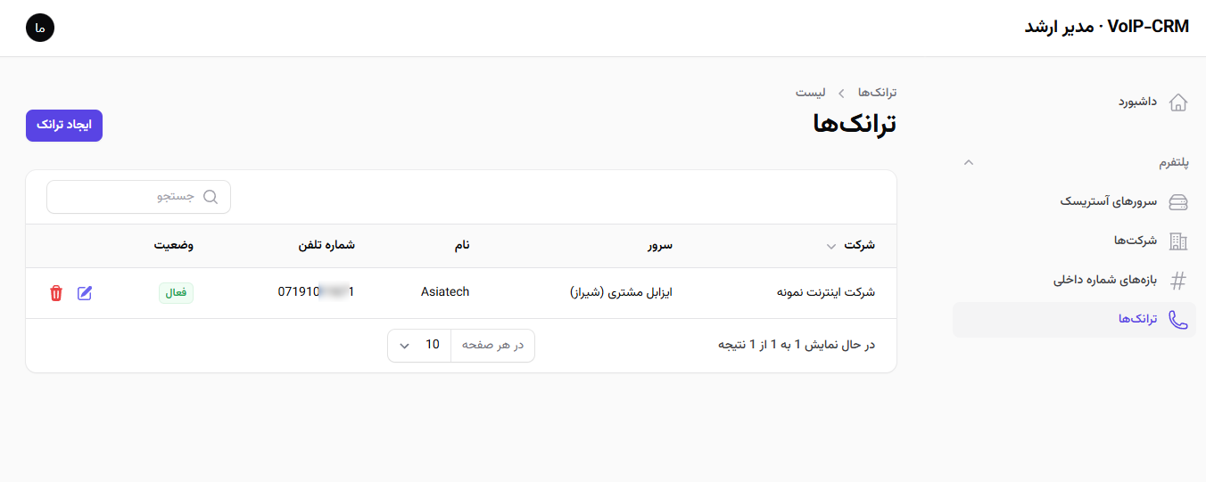 پنل مدیر اصلی: مدیریت خطوط تلفنی (Trunks) متصل به سرورهای Asterisk